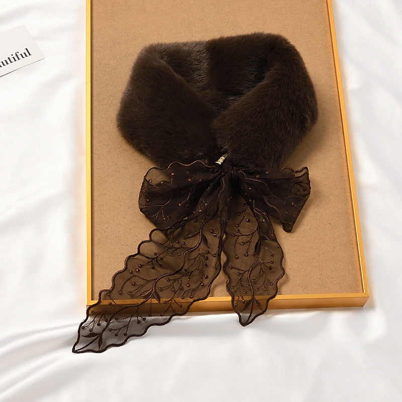 ラビットレースムーン_レディース ふわふわラビット風 ファーカラーマフラー レース付き 厚手あったか