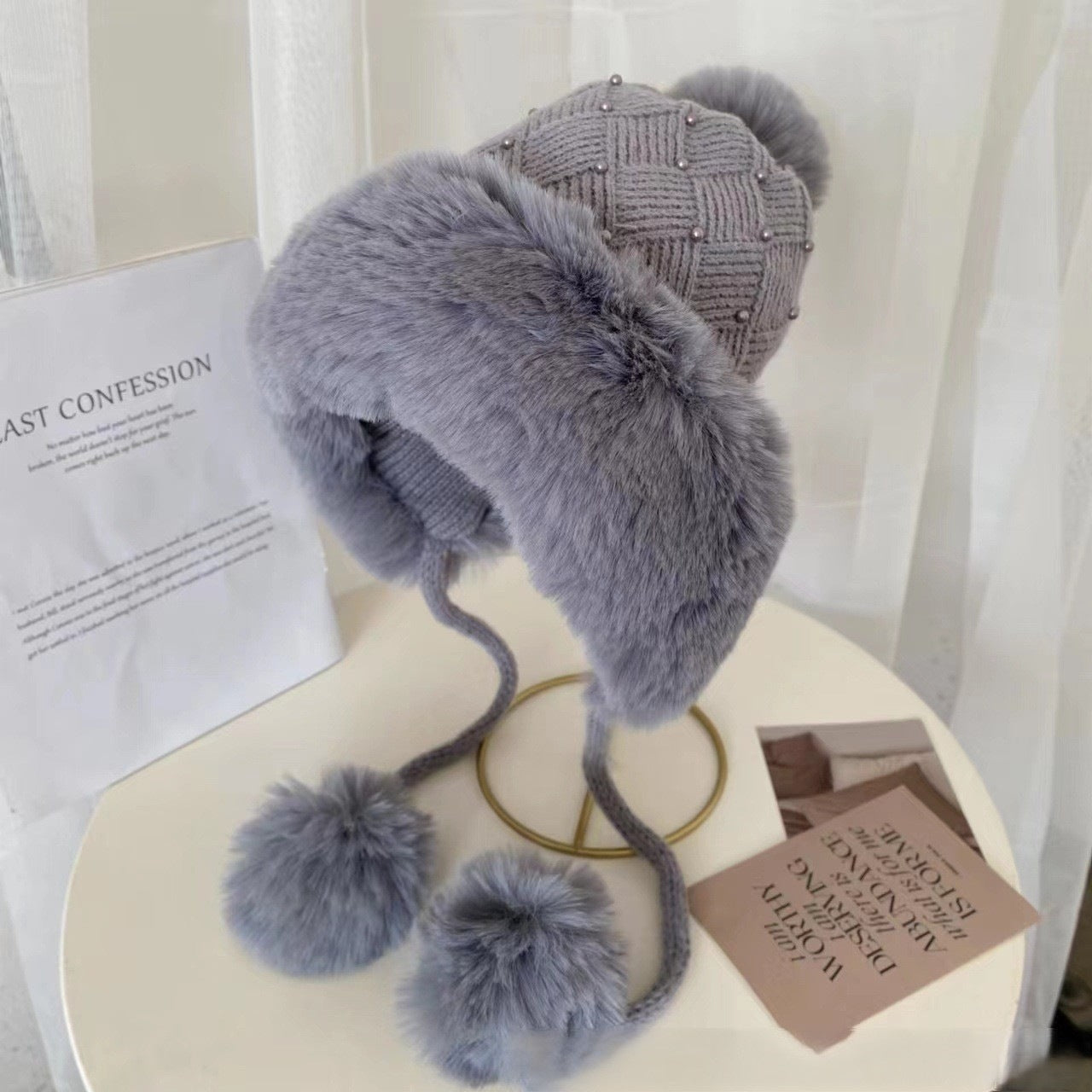 パールキャップ_冬 レディース パール飾り カワイイ ニット帽