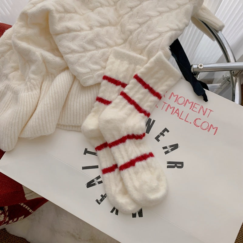 レッドウォーム_レディース レッドストライプ 裏起毛 ミドル丈ソックス