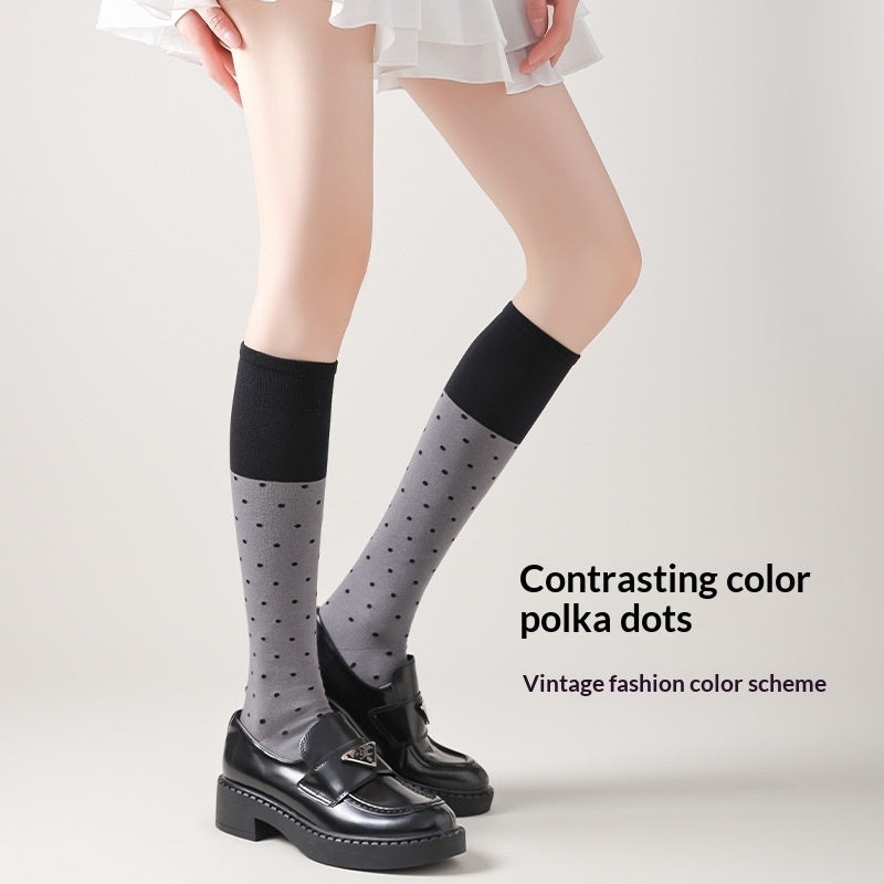 ドットパフ_ドット柄 配色 ニーハイソックス コットン ルーズフィット