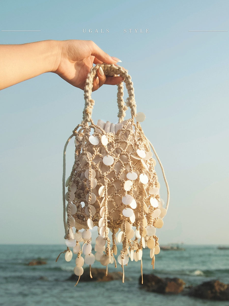 シェルエクラ_シェル型 コットンリネン スパンコール タッセル クラッチバッグ