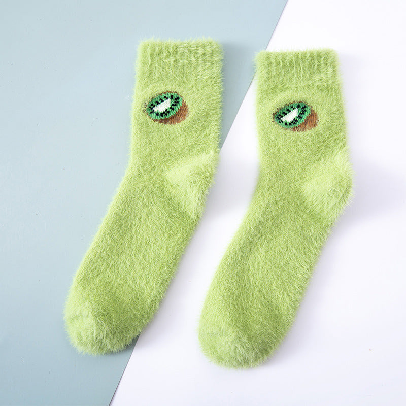 スノーフルーツレディース もこもこ フルーツ柄 ルームソックス 裏起毛 冬用