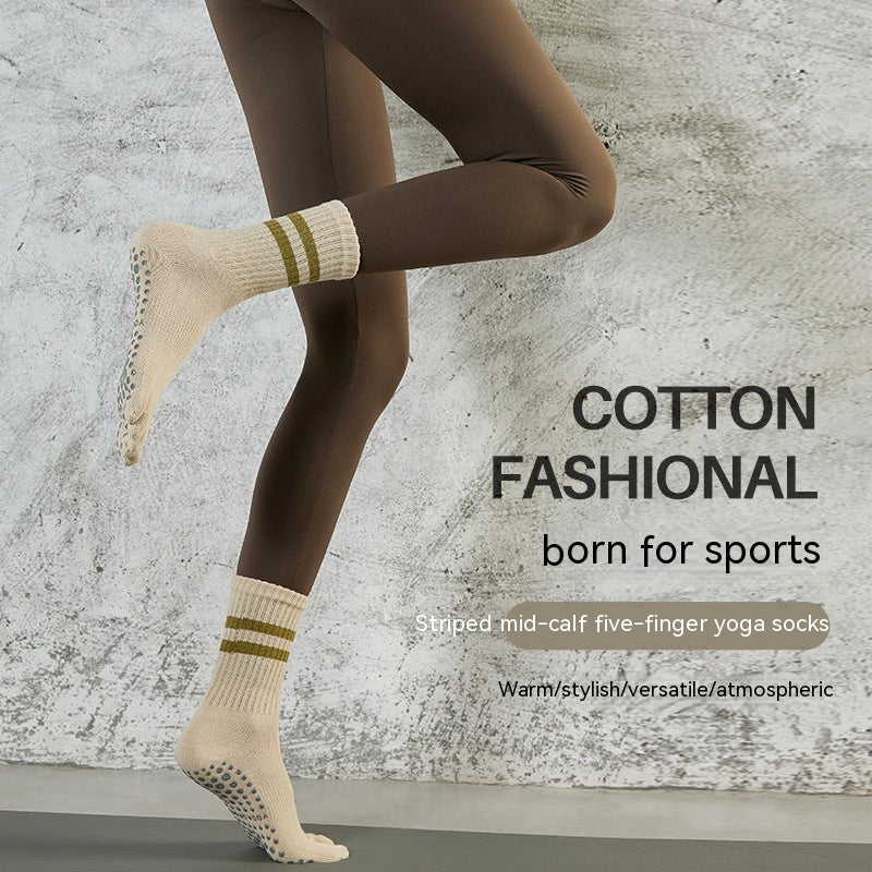 ヨガフィット5_秋冬 レディース ストライプ ノンスリップ ロングヨガソックス