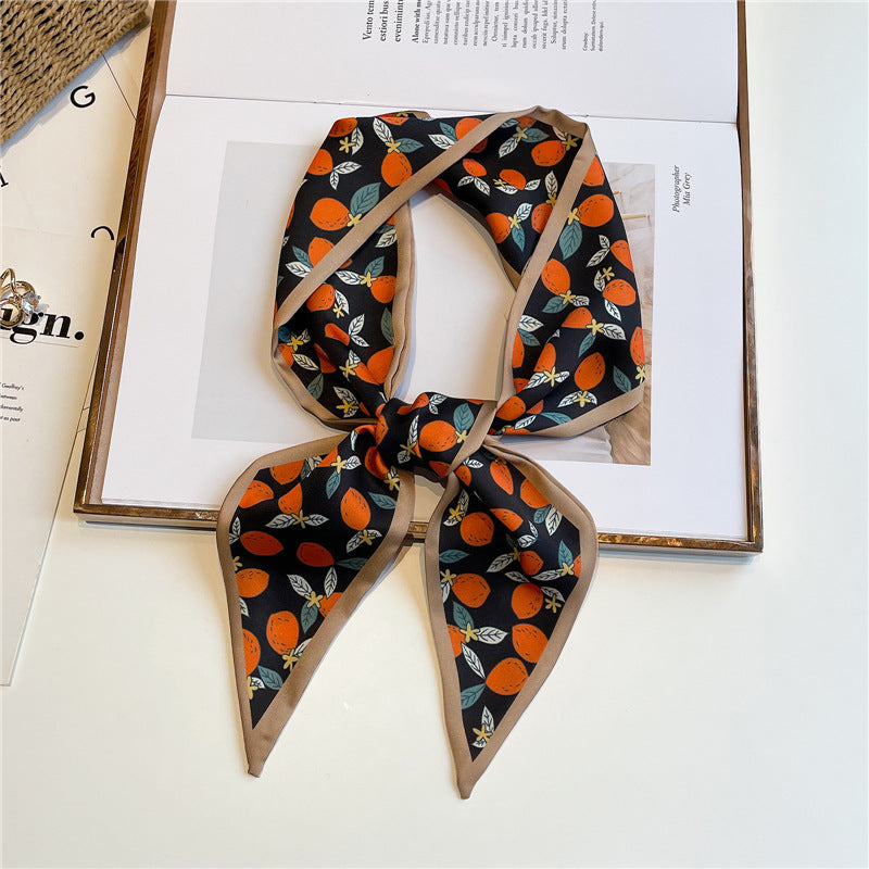 フルーツシルキー_細長タイプ フルーツ柄 シルクスカーフ ツイリー風