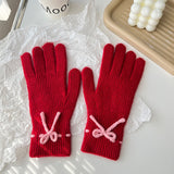 リボカラ_秋冬新作 リボン付き 無地あったか5本指手袋