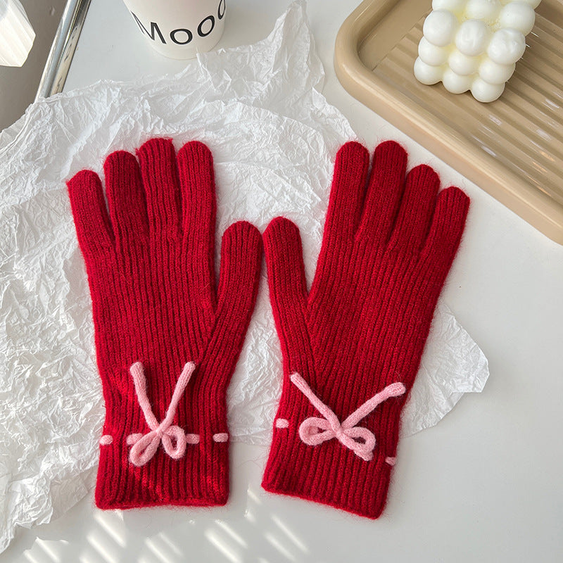 リボカラ_秋冬新作 リボン付き 無地あったか5本指手袋