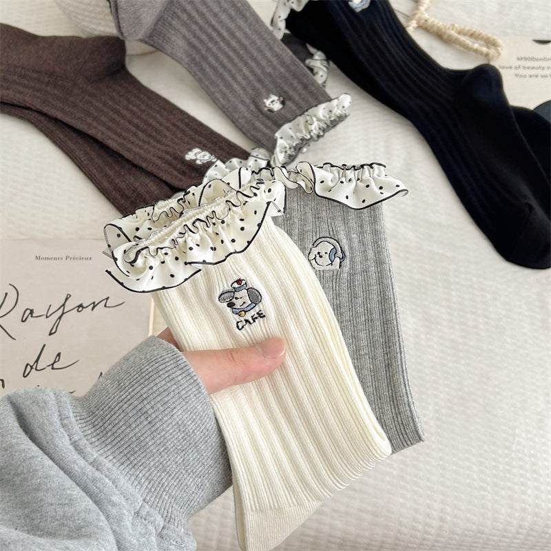 レースポップ_コットン レース 刺繍 カートゥーン ミドル丈ソックス レディース
