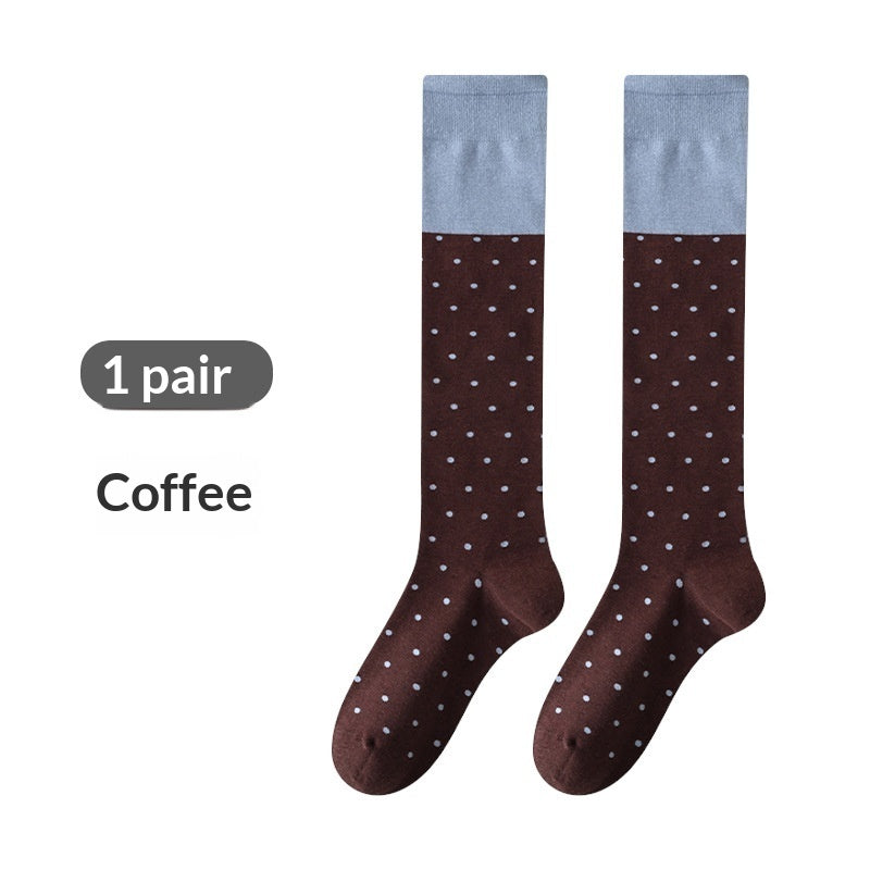ドットパフ_ドット柄 配色 ニーハイソックス コットン ルーズフィット