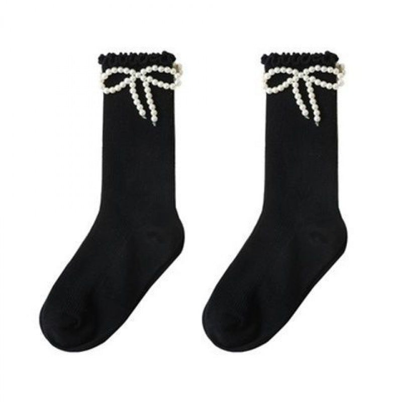 キッズフレンズ_ガールズ パール付き チューブソックス 可愛いデザイン