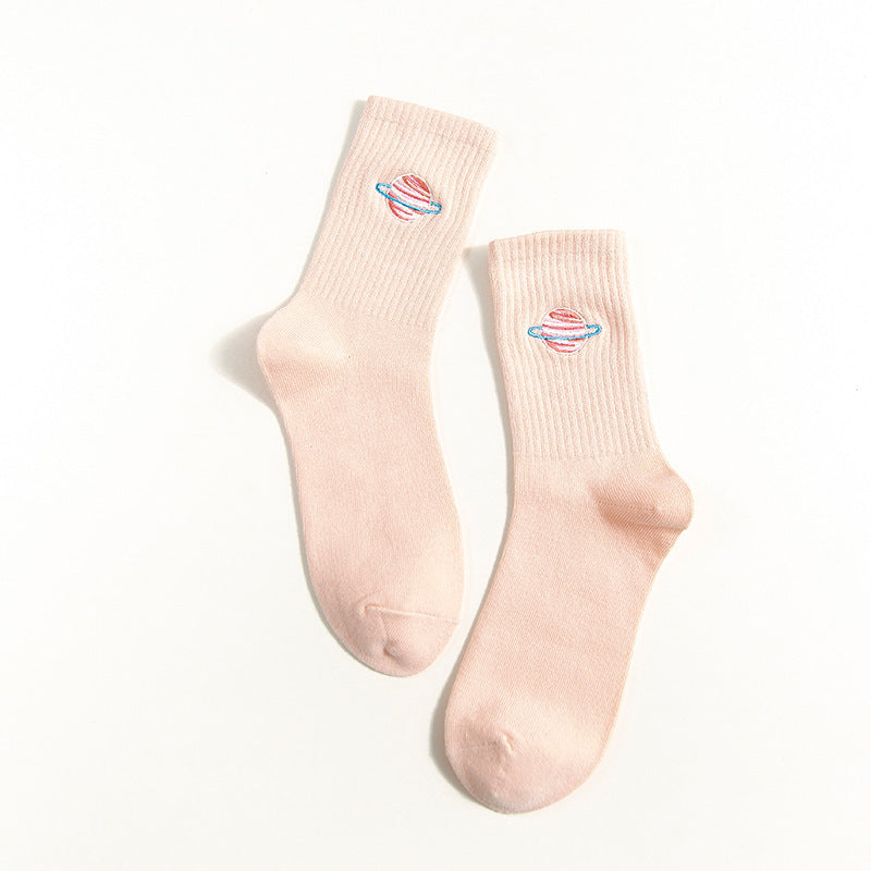 ピュアステッチ_レディース コットン チューブソックス 可愛い カートゥーン刺繍入り