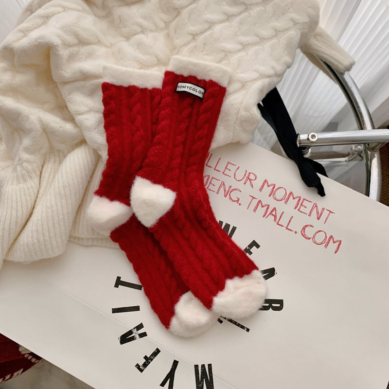 レッドウォーム_レディース レッドストライプ 裏起毛 ミドル丈ソックス