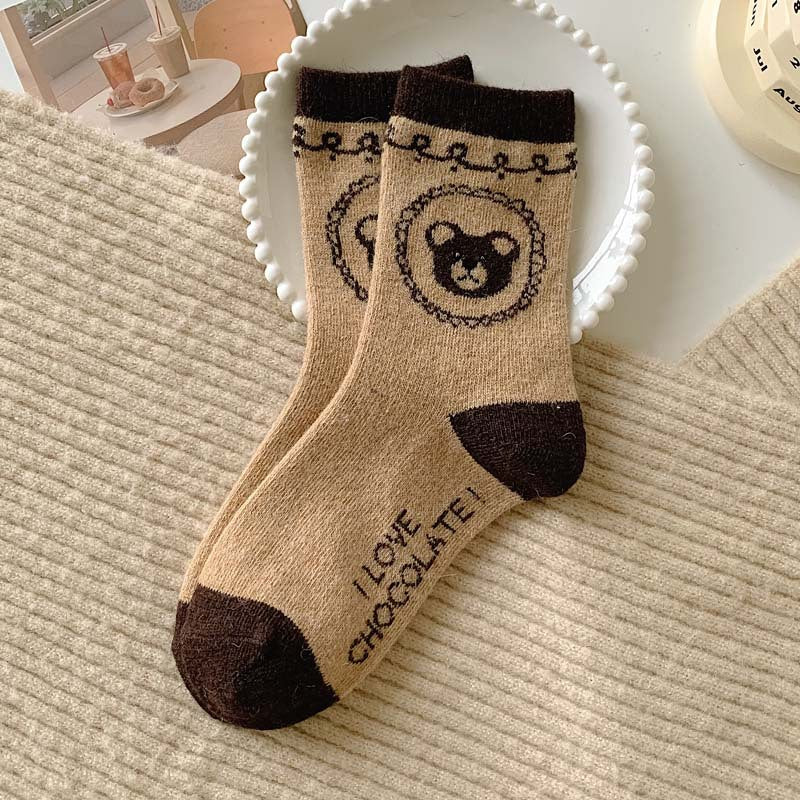 チョコベア_チョコカラー ベア柄 ミドル丈ソックス レディース