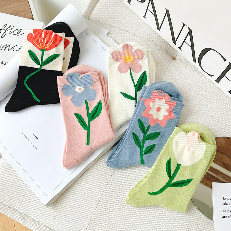 チューリップキャンパス_レディース 立体チューリップ柄 コットン チューブソックス カレッジ風