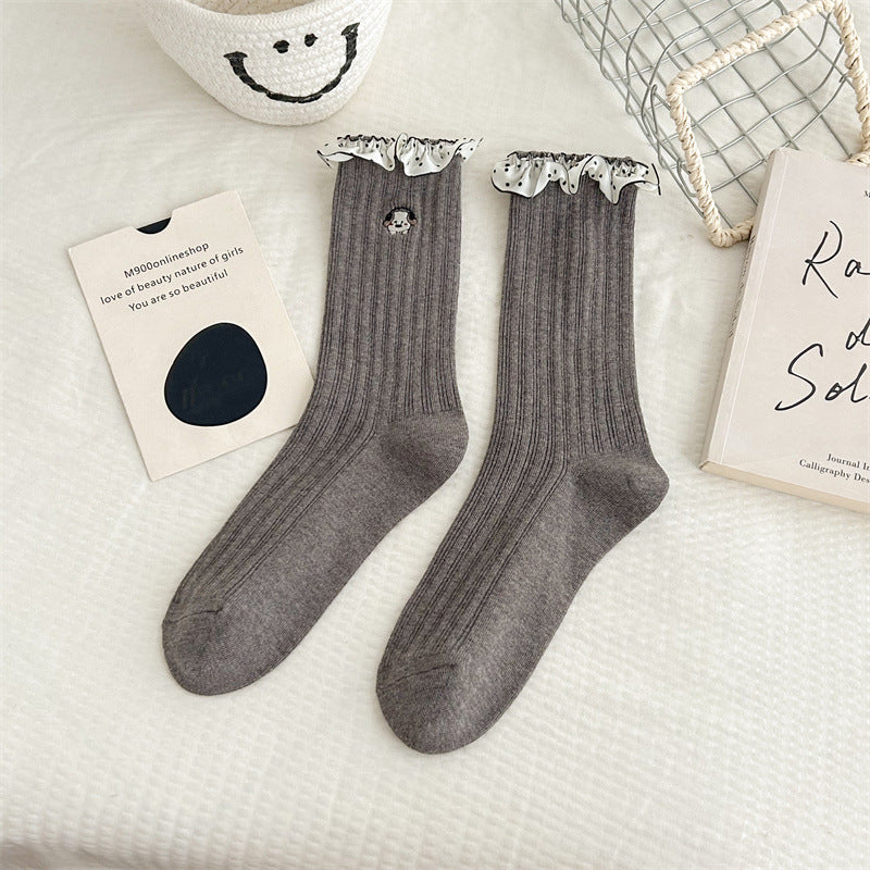 レースポップ_コットン レース 刺繍 カートゥーン ミドル丈ソックス レディース