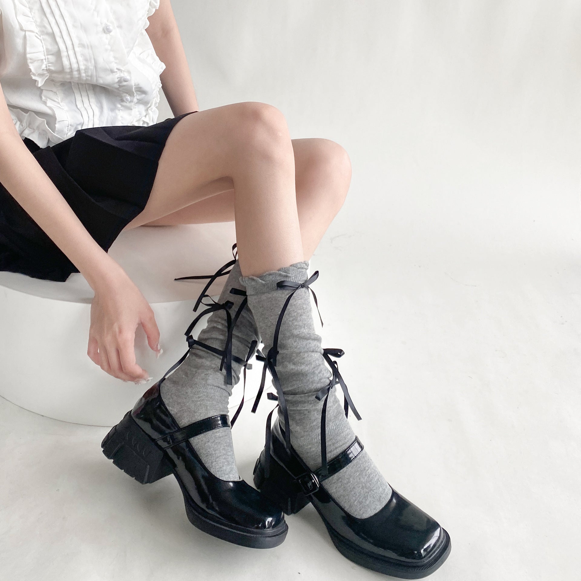 ガーリッシュボウ_レディース 薄手 バブル口 リボンソックス カーフ丈