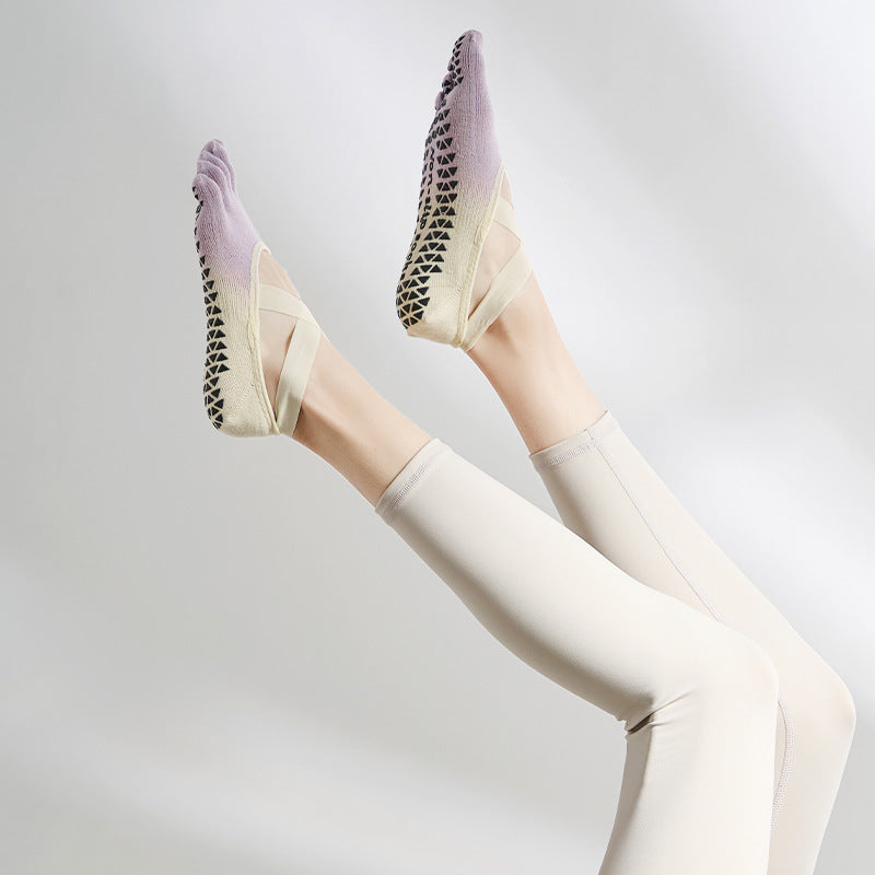 ヨガフィット5_レディース 四季 グラデーション レースアップ ノンスリップ 5本指ヨガソックス