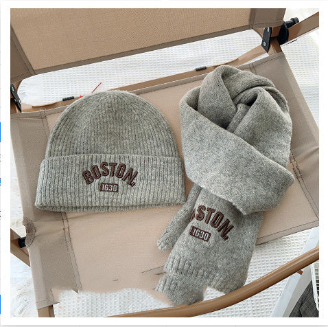 キッズウォームセット_キッズ用 無地刺繍 帽子+マフラーセット 秋冬あったか2点セット