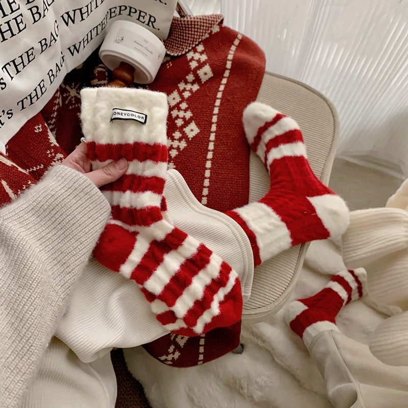 レッドウォーム_レディース レッドストライプ 裏起毛 ミドル丈ソックス