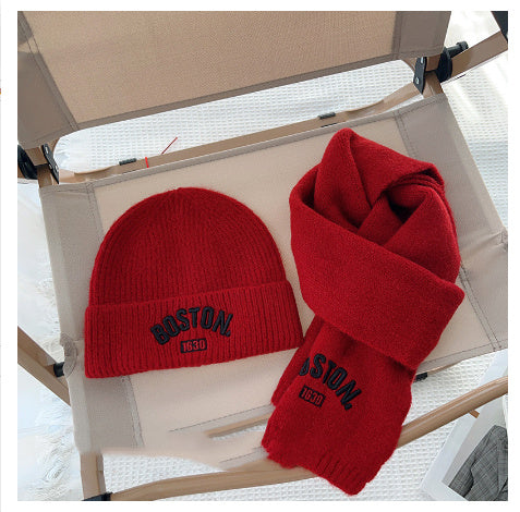 キッズウォームセット_キッズ用 無地刺繍 帽子+マフラーセット 秋冬あったか2点セット