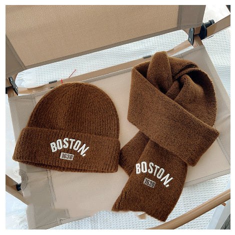 キッズウォームセット_キッズ用 無地刺繍 帽子+マフラーセット 秋冬あったか2点セット