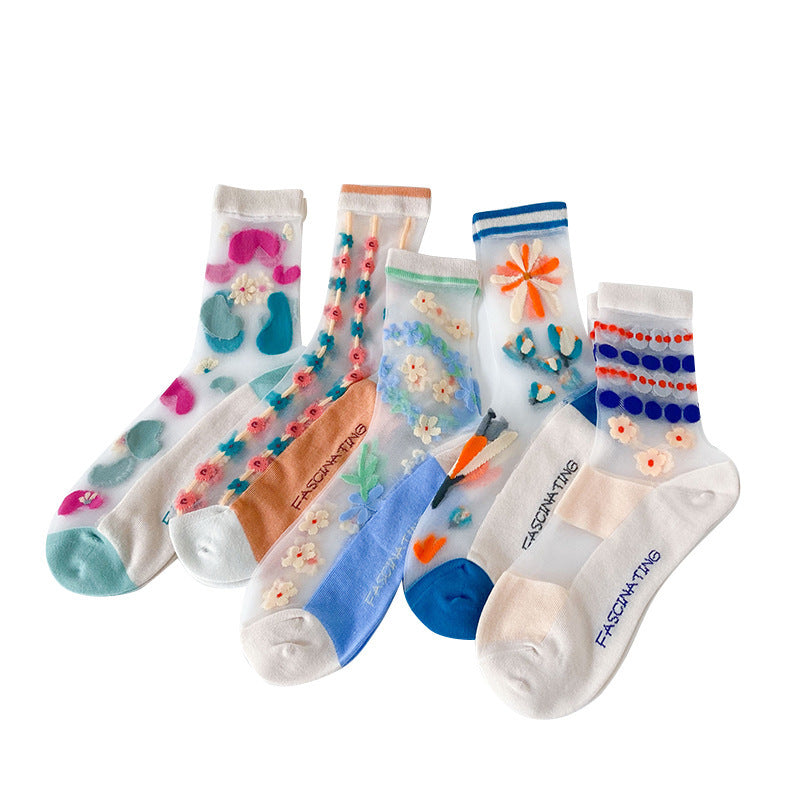 ルミナスレース_レディース 小花柄 グラスシルク ソックス 通気性