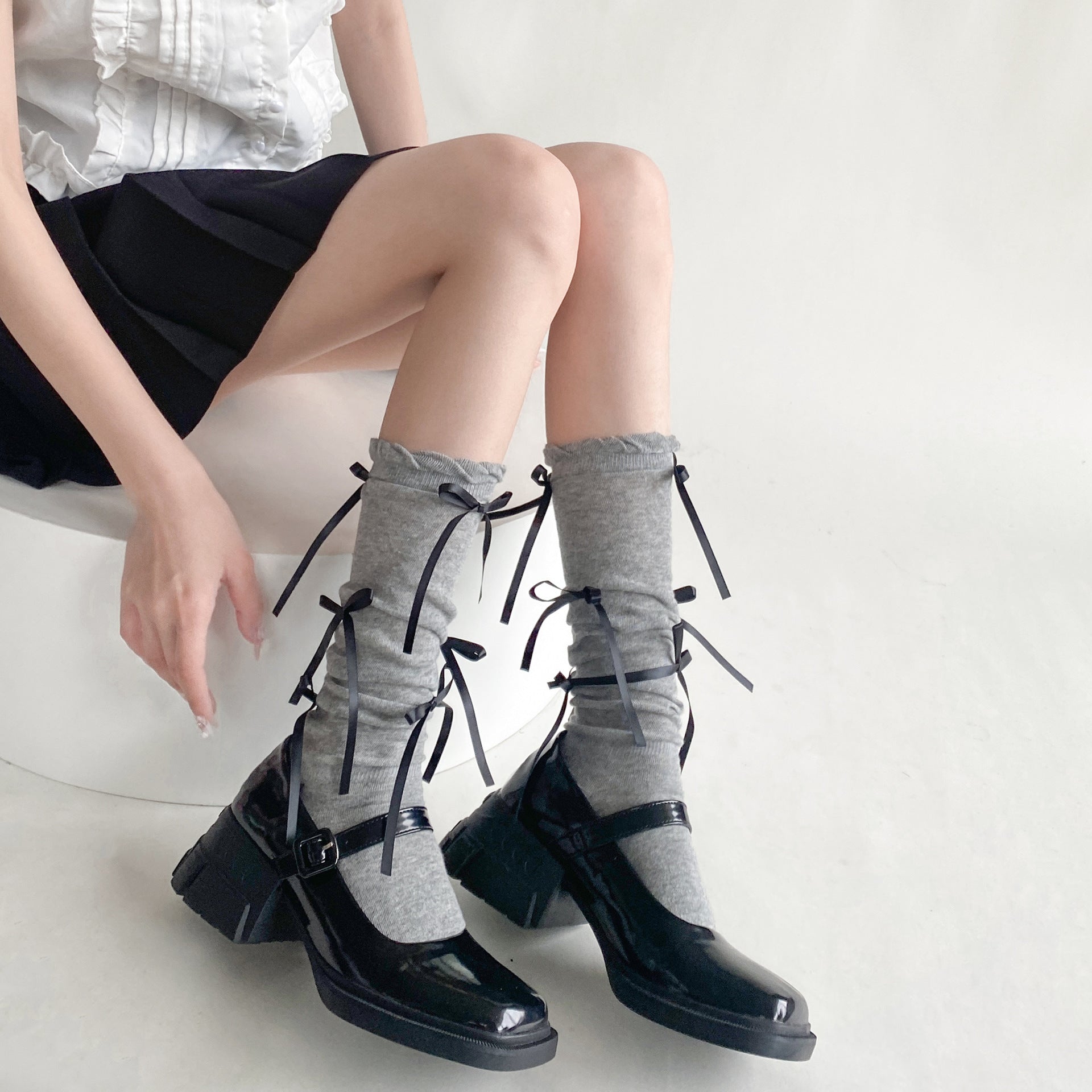 ガーリッシュボウ_レディース 薄手 バブル口 リボンソックス カーフ丈