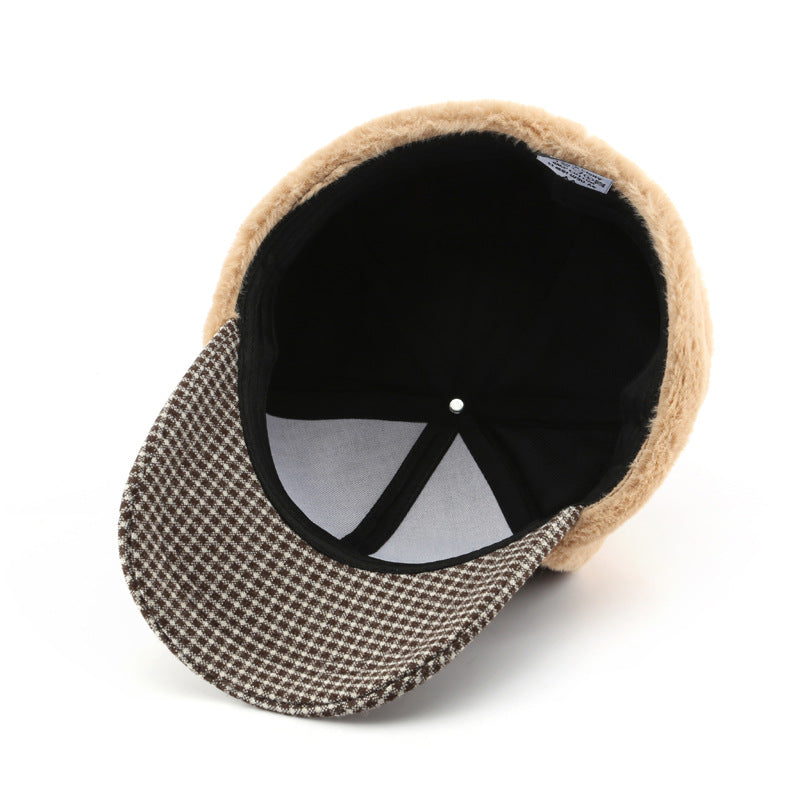 チェックモコ_秋冬 レディース ふわもこ ラムウール チェック帽子