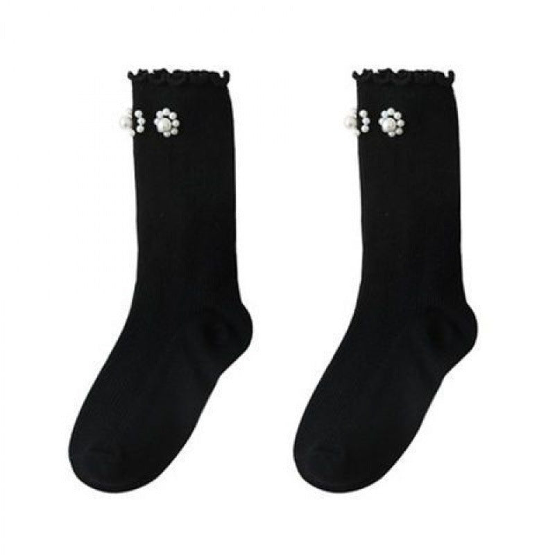 キッズフレンズ_ガールズ パール付き チューブソックス 可愛いデザイン
