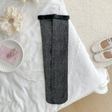 シルバーリボン_シルバー糸 リボン付き コットン ミドル丈ソックス レディース