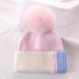 フォクシーラビ_冬 韓国風 ふわふわ うさぎファー×フォックスファーポンポン ニット帽