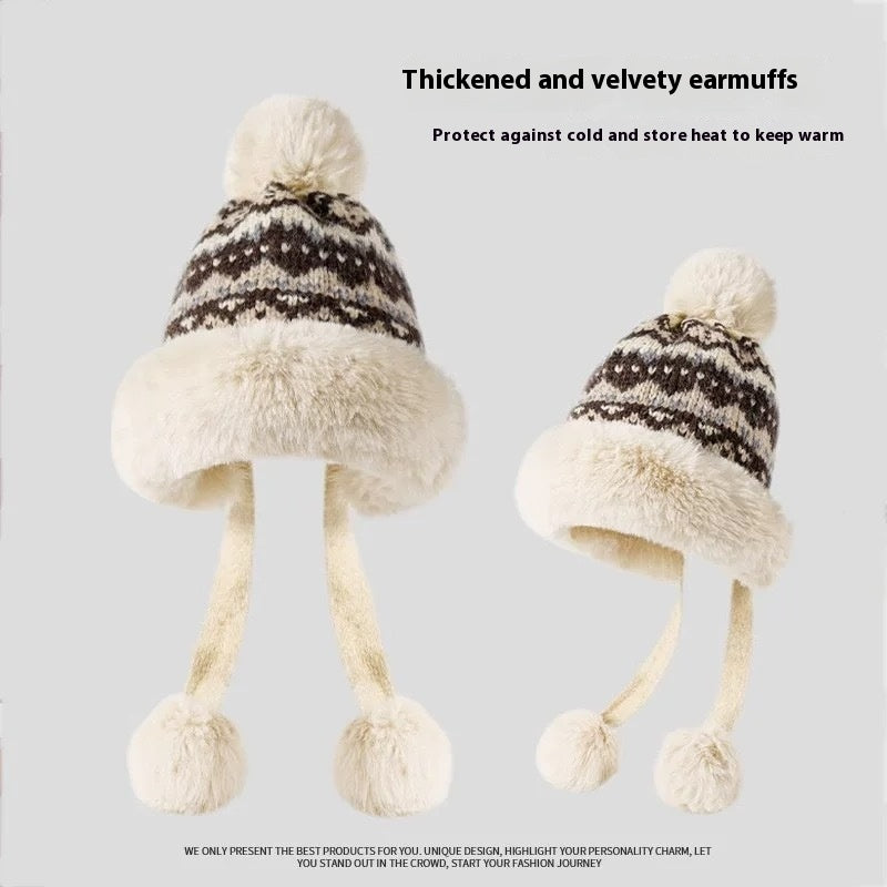 エスニモコ_冬 レディース 民族風レトロ ふわもこ耳あてニット帽