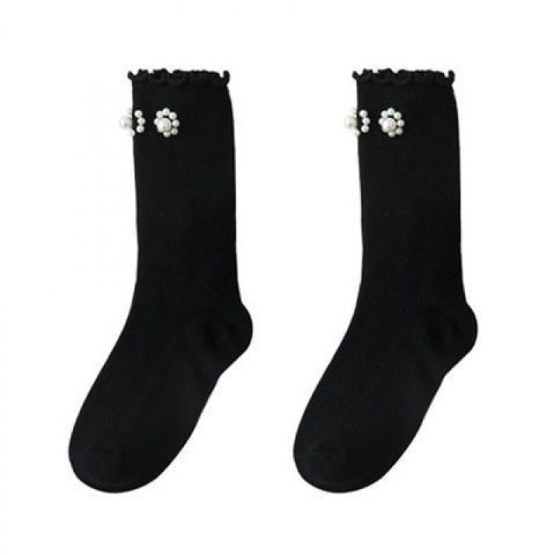 キッズフレンズ_ガールズ パール付き チューブソックス 可愛いデザイン