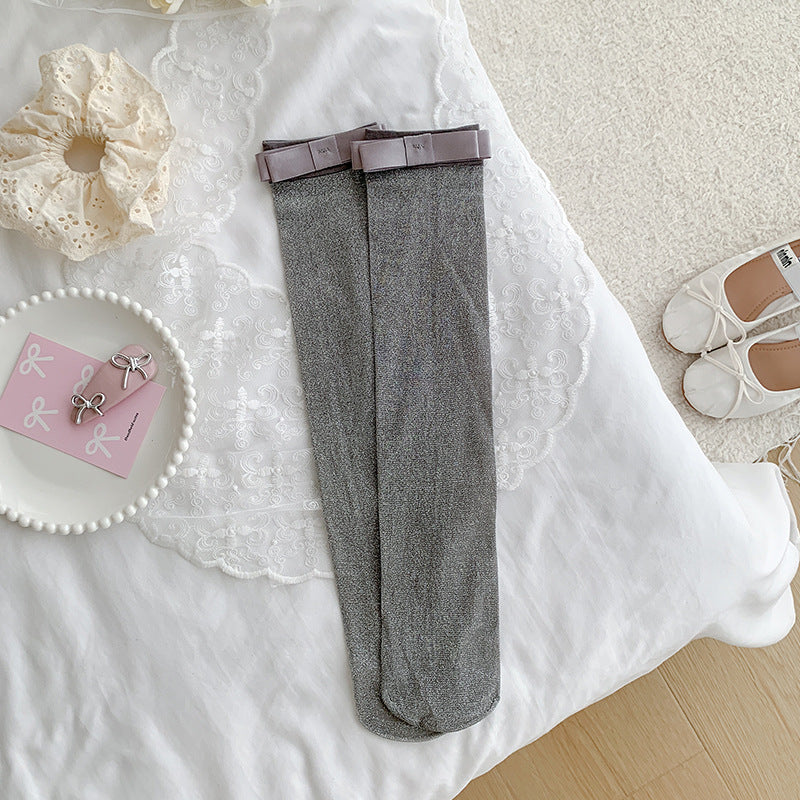 シルバーリボン_シルバー糸 リボン付き コットン ミドル丈ソックス レディース