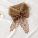 ラビットレースムーン_レディース ふわふわラビット風 ファーカラーマフラー レース付き 厚手あったか