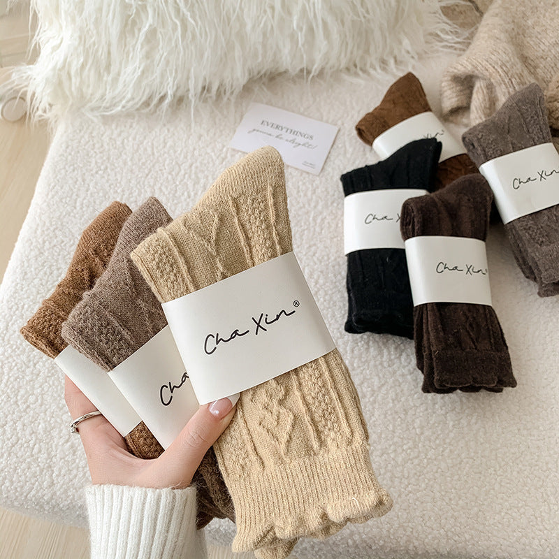 ダイヤサイ_秋冬 あったか 厚手ウール ダイヤ柄 サイハイソックス(ミルクカレー系カラー)