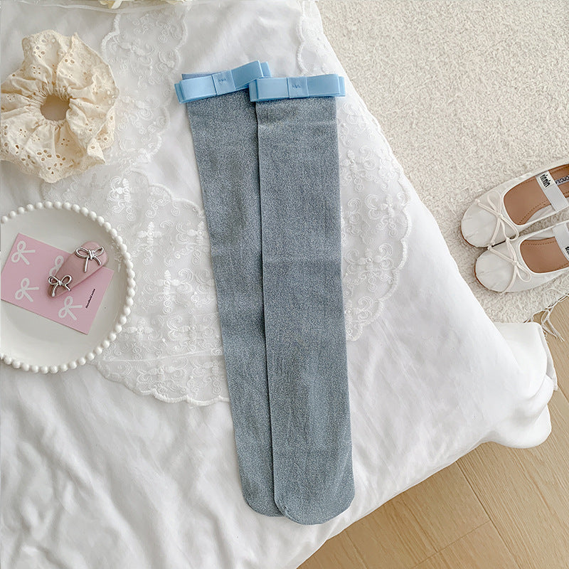 シルバーリボン_シルバー糸 リボン付き コットン ミドル丈ソックス レディース