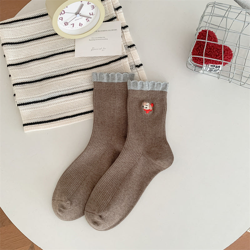 コットンステッチ_コットン 刺繍 ミドル丈ソックス レディース