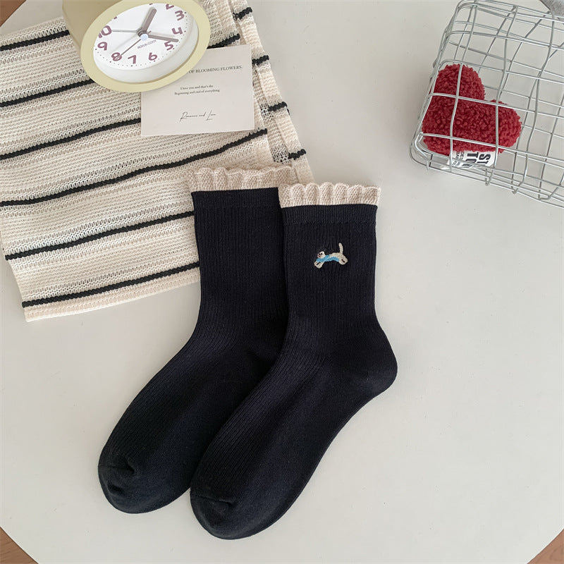 コットンステッチ_コットン 刺繍 ミドル丈ソックス レディース