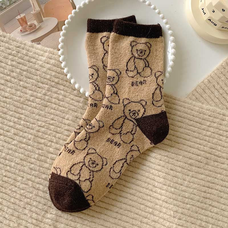チョコベア_チョコカラー ベア柄 ミドル丈ソックス レディース