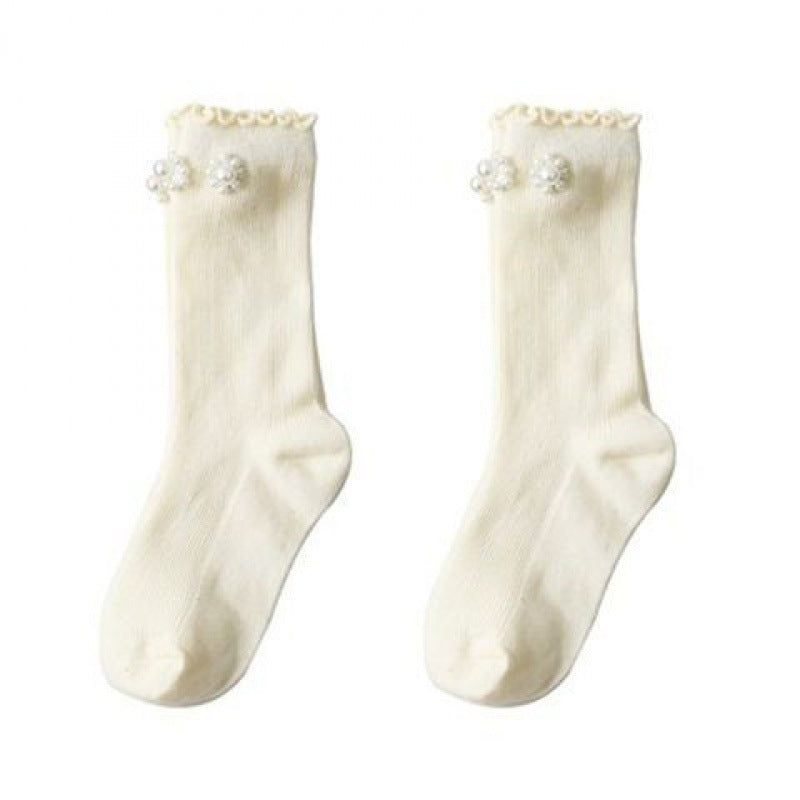 キッズフレンズ_ガールズ パール付き チューブソックス 可愛いデザイン