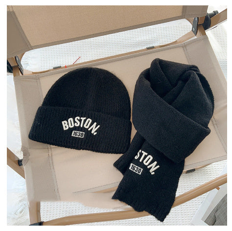 キッズウォームセット_キッズ用 無地刺繍 帽子+マフラーセット 秋冬あったか2点セット