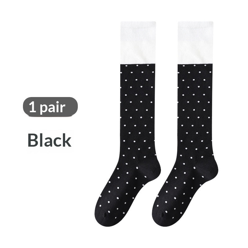 ドットパフ_ドット柄 配色 ニーハイソックス コットン ルーズフィット