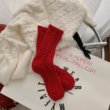 レッドウォーム_レディース レッドストライプ 裏起毛 ミドル丈ソックス