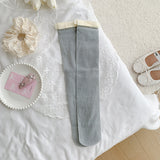 シルバーリボン_シルバー糸 リボン付き コットン ミドル丈ソックス レディース