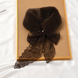 ラビットレースムーン_レディース ふわふわラビット風 ファーカラーマフラー レース付き 厚手あったか