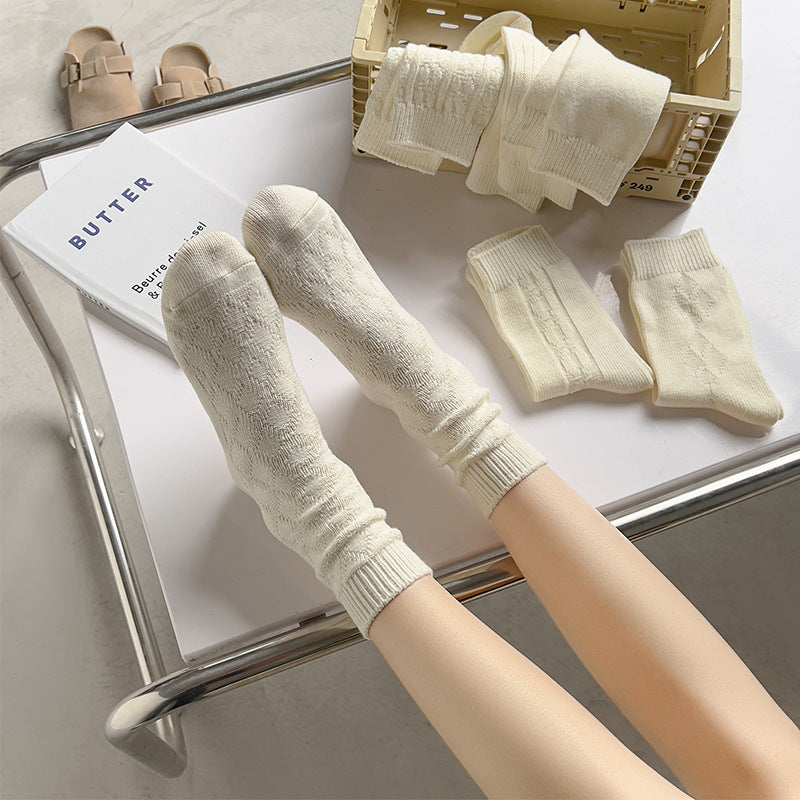 [ セット商品と単品商品] ダイヤニット_秋冬 レディース 厚手 ダイヤ編み ホワイト ミドル丈ソックス（6足/1足）