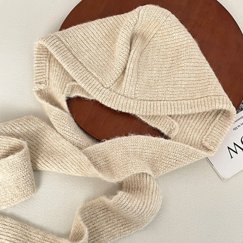 モコフード_韓国風 ホワイト ふわもこ フード付きプラッシュマフラー