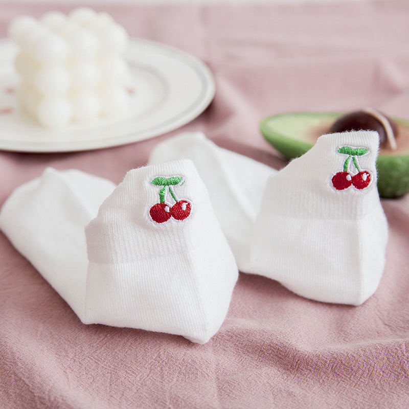 [ セット商品と単品商品] フルーツキス＿レディース フルーツ刺繍 薄手 コットン 浅履きボートソックス（10足/1足）