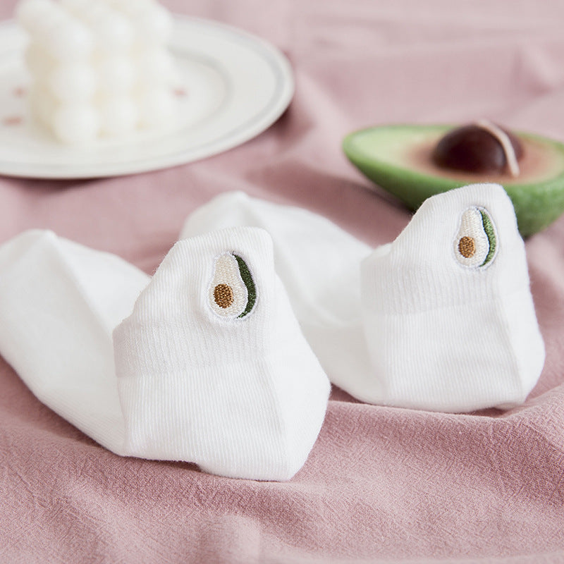 [ セット商品と単品商品] フルーツキス＿レディース フルーツ刺繍 薄手 コットン 浅履きボートソックス（10足/1足）