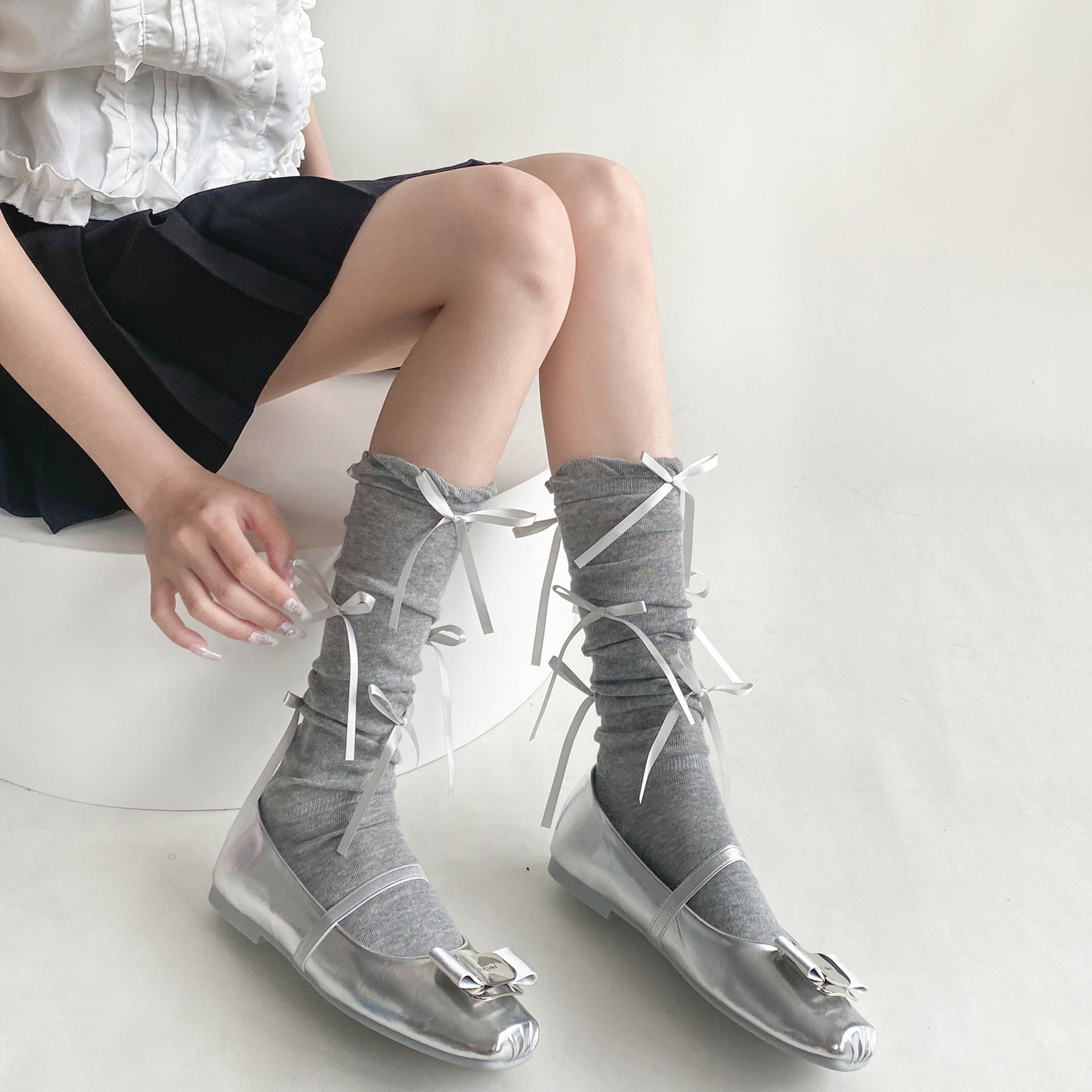 ガーリッシュボウ_レディース 薄手 バブル口 リボンソックス カーフ丈